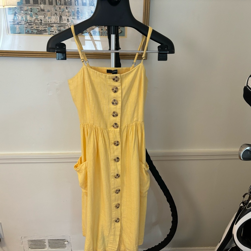 FOREVER 21 Yellow Linen Button Spaghetti Strap Fit & Flare Button Pockets Dress